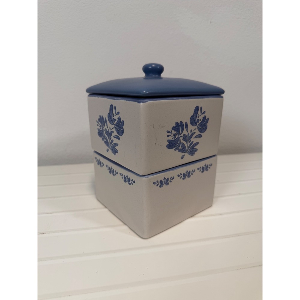 Pfaltzgraff Yorktowne Blue Floral Stacking Canister Set Square Stoneware Jar